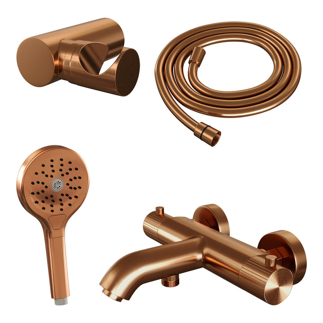 BRAUER Stripe opbouw baddouche thermostaatkraan SET 04 met wandhouder en 3-standen handdouche en doucheslang koper geborsteld PVD 5-GK-343