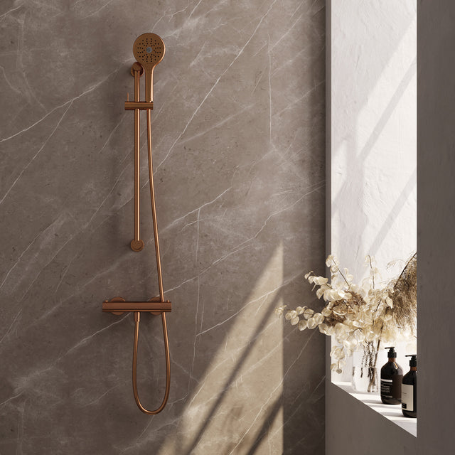 BRAUER Stripe opbouw douche thermostaatkraan SET 02 met glijstang en 3-standen handdouche en doucheslang koper geborsteld PVD 5-GK-346