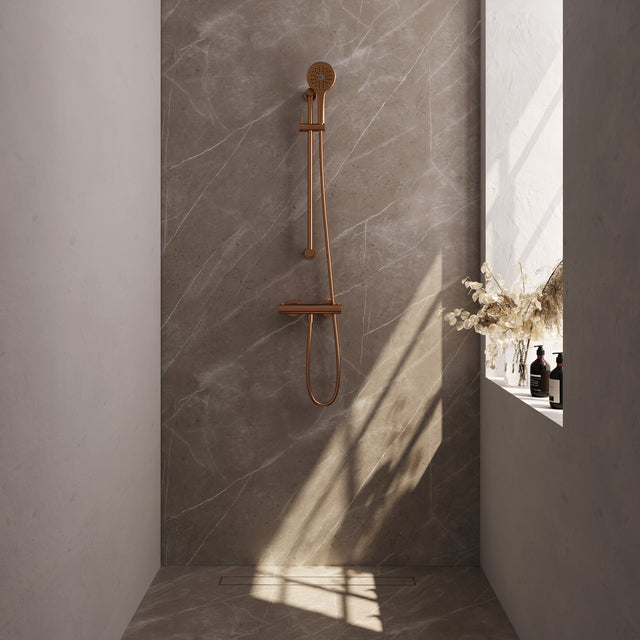 BRAUER Stripe opbouw douche thermostaatkraan SET 02 met glijstang en 3-standen handdouche en doucheslang koper geborsteld PVD 5-GK-346