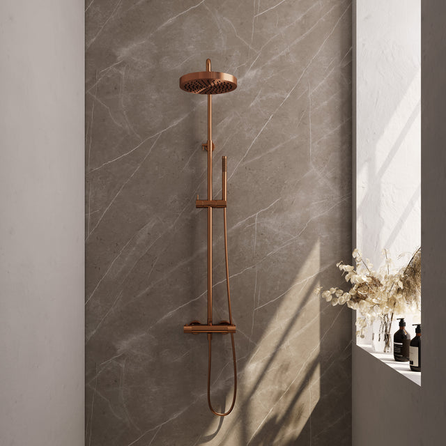 BRAUER Stripe opbouw thermostatische regendouche SET 01 met 25 cm hoofddouche en staaf handdouche en doucheslang koper geborsteld PVD 5-GK-348