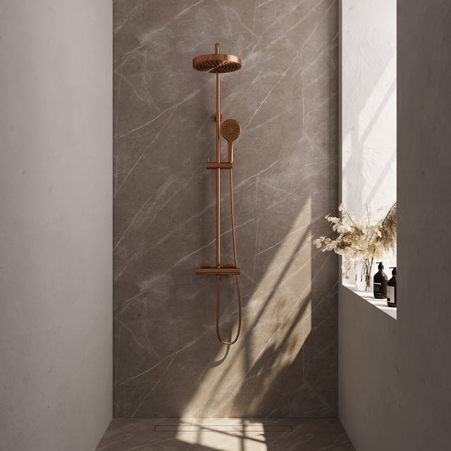 BRAUER Stripe opbouw thermostatische regendouche SET 02 met 25 cm hoofddouche en 3-standen handdouche en doucheslang koper geborsteld PVD 5-GK-349