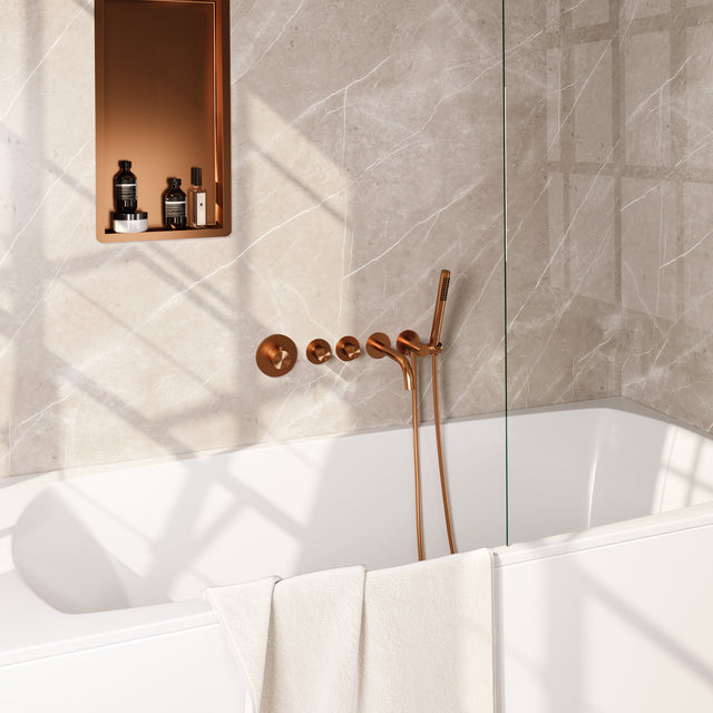 BRAUER Stripe thermostatische inbouw badkraan SET 01 met uitloop en staaf handdouche en doucheslang en wandaansluitbocht koper geborsteld PVD 5-GK-357