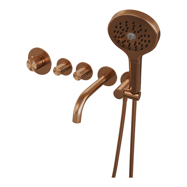 BRAUER Stripe thermostatische inbouw badkraan SET 02 met uitloop en 3-standen handdouche en doucheslang en wandaansluitbocht koper geborsteld PVD 5-GK-358