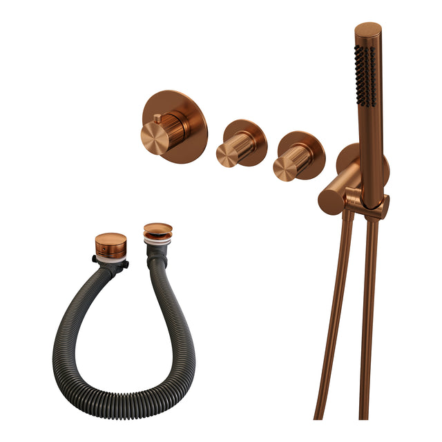 BRAUER Stripe thermostatische inbouw badkraan SET 01 met badvulcombinatie en staaf handdouche en doucheslang en wandaansluitbocht koper geborsteld PVD 5-GK-359