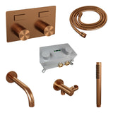 BRAUER Stripe thermostatische inbouw badkraan met drukknoppen SET 03 met uitloop en staaf handdouche en doucheslang en wandaansluitbocht koper geborsteld PVD 5-GK-363