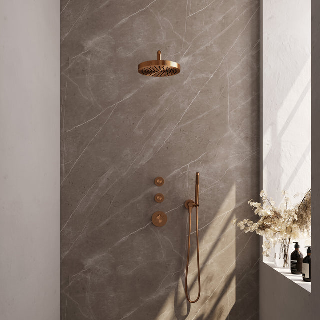 BRAUER Stripe thermostatische inbouw regendouche SET 02 met 25 cm douchekop en gebogen muurarm en staaf handdouche en doucheslang en wandaansluitbocht koper geborsteld PVD 5-GK-367
