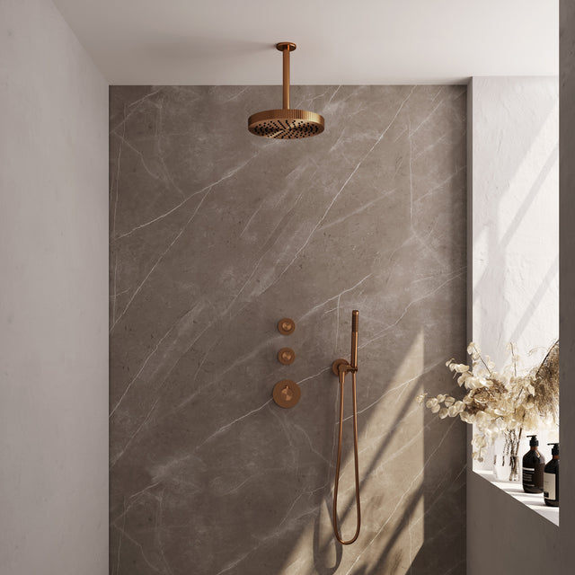 BRAUER Stripe thermostatische inbouw regendouche SET 03 met 25 cm douchekop en plafondarm en staaf handdouche en doucheslang en wandaansluitbocht koper geborsteld PVD 5-GK-369