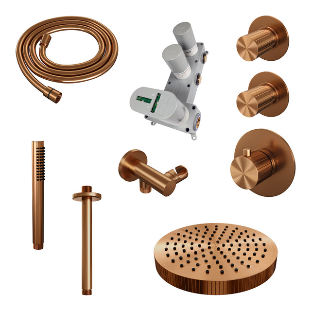 BRAUER Stripe thermostatische inbouw regendouche SET 03 met 25 cm douchekop en plafondarm en staaf handdouche en doucheslang en wandaansluitbocht koper geborsteld PVD 5-GK-369