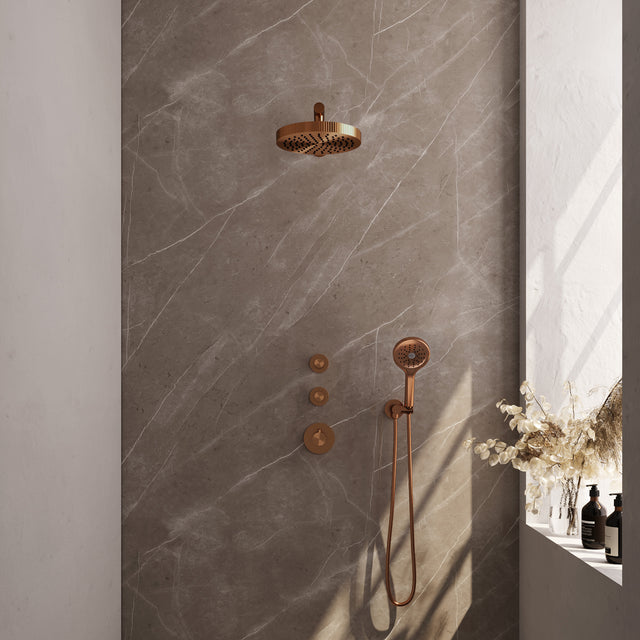 BRAUER Stripe thermostatische inbouw regendouche SET 04 met 25 cm douchekop en rechte muurarm en 3-standen handdouche en doucheslang en wandaansluitbocht koper geborsteld PVD 5-GK-371