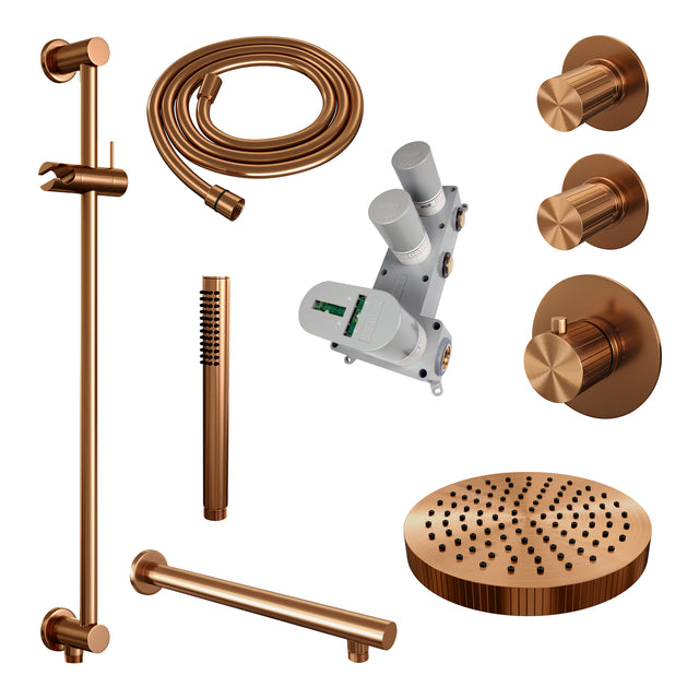 BRAUER Stripe thermostatische inbouw regendouche SET 07 met 25 cm douchekop en rechte muurarm en staaf handdouche en doucheslang en geïntegreerde glijstang koper geborsteld PVD 5-GK-377