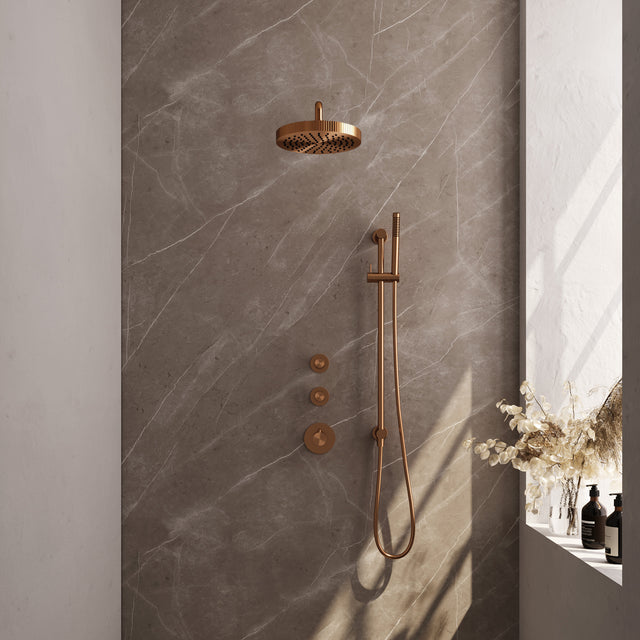 BRAUER Stripe thermostatische inbouw regendouche SET 08 met 25 cm douchekop en gebogen muurarm en staaf handdouche en doucheslang en geïntegreerde glijstang koper geborsteld PVD 5-GK-379