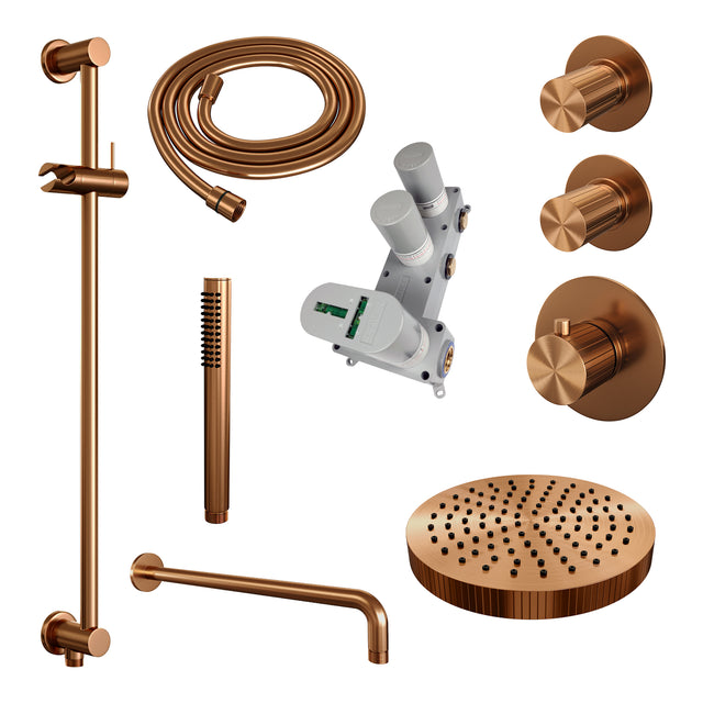 BRAUER Stripe thermostatische inbouw regendouche SET 08 met 25 cm douchekop en gebogen muurarm en staaf handdouche en doucheslang en geïntegreerde glijstang koper geborsteld PVD 5-GK-379