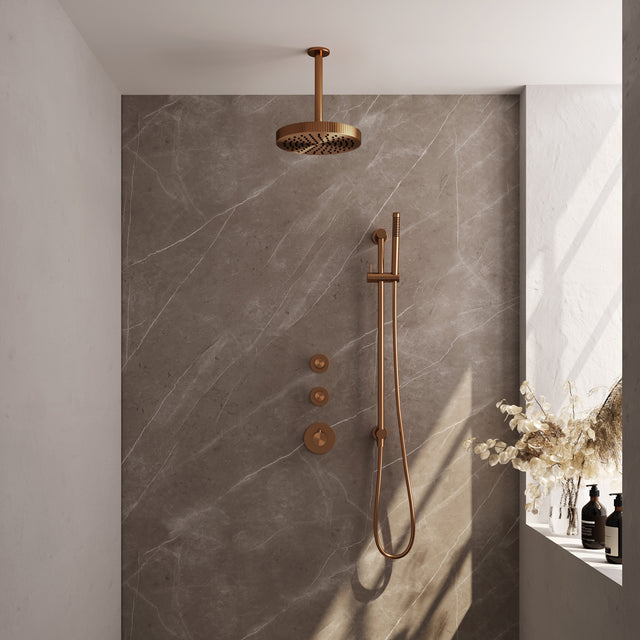 BRAUER Stripe thermostatische inbouw regendouche SET 09 met 25 cm douchekop en plafondarm en staaf handdouche en doucheslang en geïntegreerde glijstang koper geborsteld PVD 5-GK-381