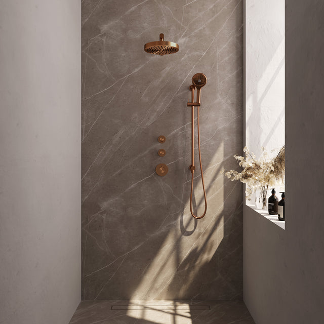 BRAUER Stripe thermostatische inbouw regendouche SET 10 met 25 cm douchekop en rechte muurarm en 3-standen handdouche en doucheslang en geïntegreerde glijstang koper geborsteld PVD 5-GK-383