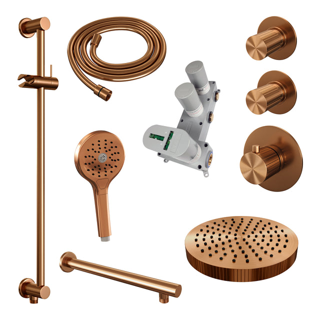 BRAUER Stripe thermostatische inbouw regendouche SET 10 met 25 cm douchekop en rechte muurarm en 3-standen handdouche en doucheslang en geïntegreerde glijstang koper geborsteld PVD 5-GK-383