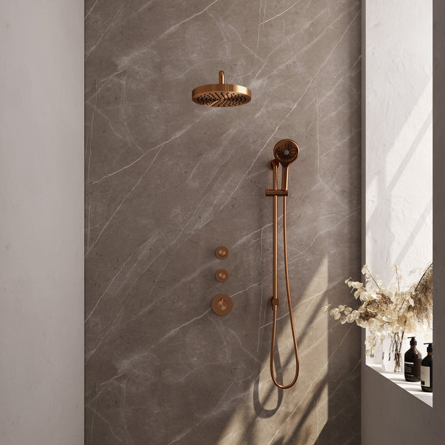 BRAUER Stripe thermostatische inbouw regendouche SET 11 met 25 cm douchekop en gebogen muurarm en 3-standen handdouche en doucheslang en geïntegreerde glijstang koper geborsteld PVD 5-GK-385