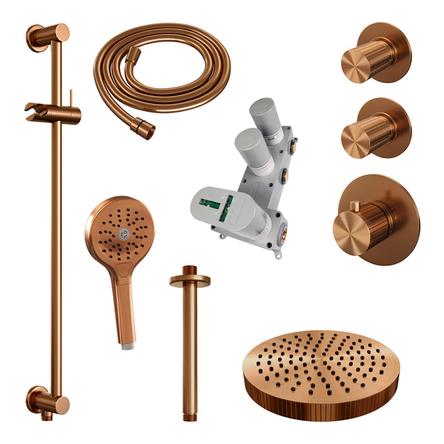 BRAUER Stripe thermostatische inbouw regendouche SET 12 met 25 cm douchekop en plafondarm en 3-standen handdouche en doucheslang en geïntegreerde glijstang koper geborsteld PVD 5-GK-387