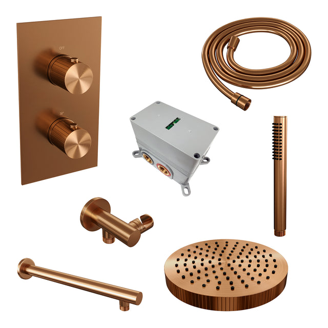 BRAUER Stripe thermostatische inbouw regendouche 3-weg rechthoekig SET 13 met 25 cm douchekop en rechte muurarm en staaf handdouche en doucheslang en wandaansluitbocht koper geborsteld PVD 5-GK-389