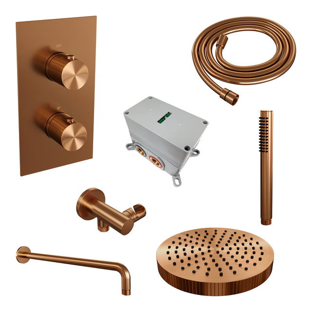 BRAUER Stripe thermostatische inbouw regendouche 3-weg rechthoekig SET 14 met 25 cm douchekop en gebogen muurarm en staaf handdouche en doucheslang en wandaansluitbocht koper geborsteld PVD 5-GK-391
