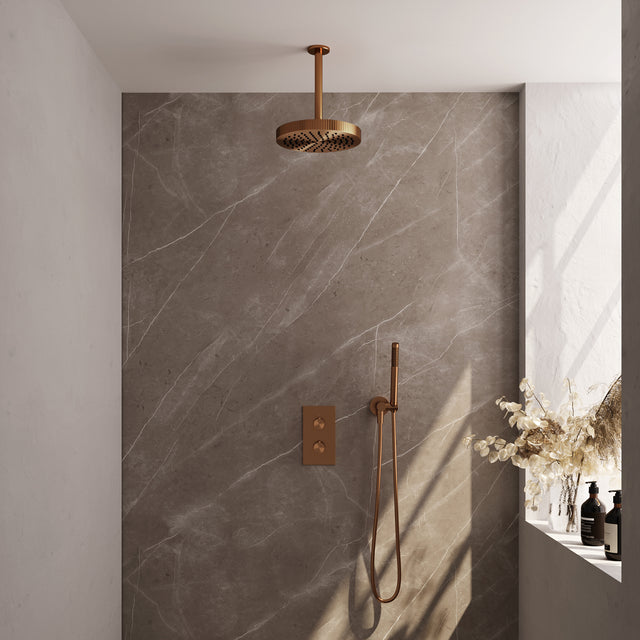 BRAUER Stripe thermostatische inbouw regendouche 3-weg rechthoekig SET 15 met 25 cm douchekop en plafondarm en staaf handdouche en doucheslang en wandaansluitbocht koper geborsteld PVD 5-GK-393