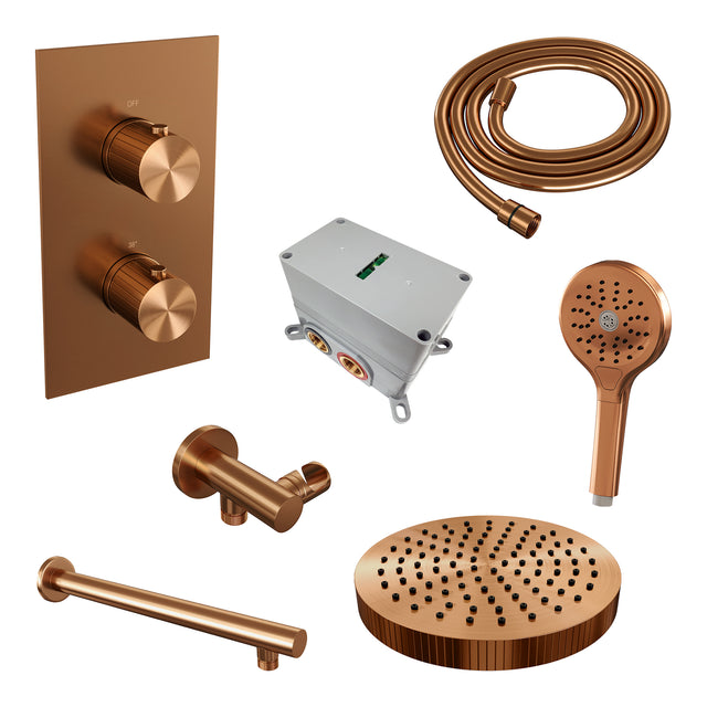 BRAUER Stripe thermostatische inbouw regendouche 3-weg rechthoekig SET 16 met 25 cm douchekop en rechte muurarm en 3-standen handdouche en doucheslang en wandaansluitbocht koper geborsteld PVD 5-GK-395