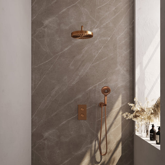 BRAUER Stripe thermostatische inbouw regendouche 3-weg rechthoekig SET 17 met 25 cm douchekop en gebogen muurarm en 3-standen handdouche en doucheslang en wandaansluitbocht koper geborsteld PVD 5-GK-397
