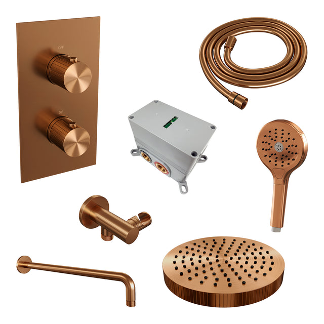 BRAUER Stripe thermostatische inbouw regendouche 3-weg rechthoekig SET 17 met 25 cm douchekop en gebogen muurarm en 3-standen handdouche en doucheslang en wandaansluitbocht koper geborsteld PVD 5-GK-397
