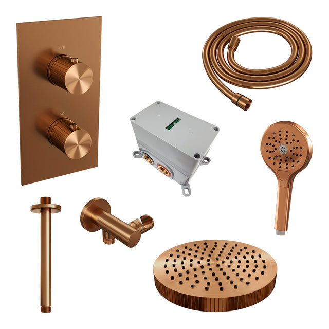 BRAUER Stripe thermostatische inbouw regendouche 3-weg rechthoekig SET 18 met 25 cm douchekop en plafondarm en 3-standen handdouche en doucheslang en wandaansluitbocht koper geborsteld PVD 5-GK-399