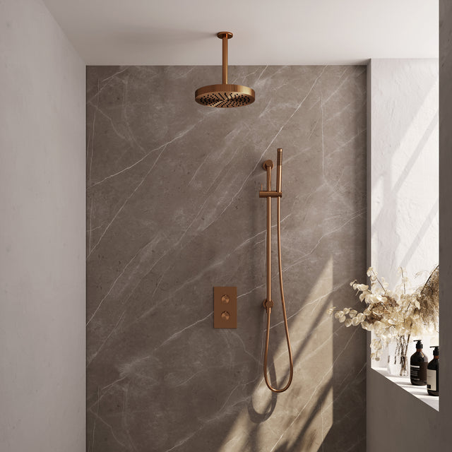 BRAUER Stripe thermostatische inbouw regendouche 3-weg rechthoekig SET 21 met 25 cm douchekop en plafondarm en staaf handdouche en doucheslang en geïntegreerde glijstang koper geborsteld PVD 5-GK-405