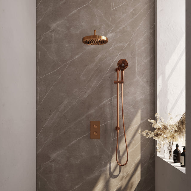BRAUER Stripe thermostatische inbouw regendouche 3-weg rechthoekig SET 23 met 25 cm douchekop en gebogen muurarm en 3-standen handdouche en doucheslang en geïntegreerde glijstang koper geborsteld PVD 5-GK-409