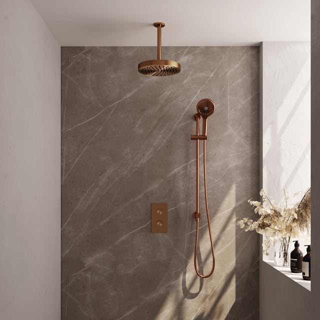 BRAUER Stripe thermostatische inbouw regendouche 3-weg rechthoekig SET 24 met 25 cm douchekop en plafondarm en 3-standen handdouche en doucheslang en geïntegreerde glijstang koper geborsteld PVD 5-GK-411