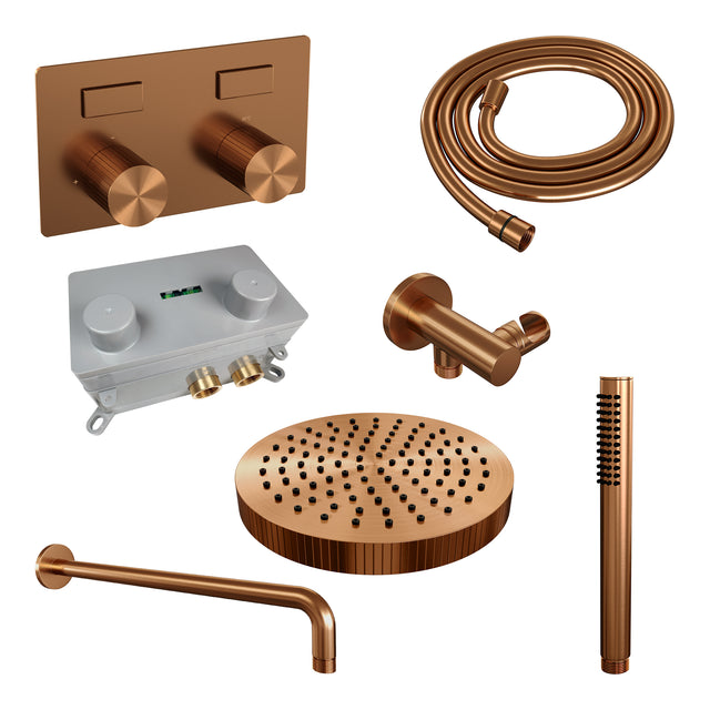 BRAUER Stripe thermostatische inbouw regendouche met drukknoppen SET 26 met 25 cm douchekop en gebogen muurarm en staaf handdouche en doucheslang en wandaansluitbocht koper geborsteld PVD 5-GK-415