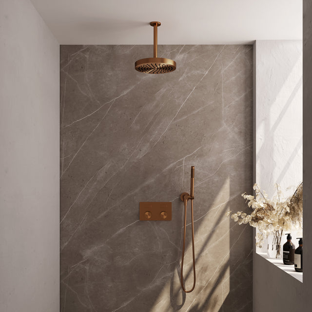BRAUER Stripe thermostatische inbouw regendouche met drukknoppen SET 27 met 25 cm douchekop en plafondarm en staaf handdouche en doucheslang en wandaansluitbocht koper geborsteld PVD 5-GK-417