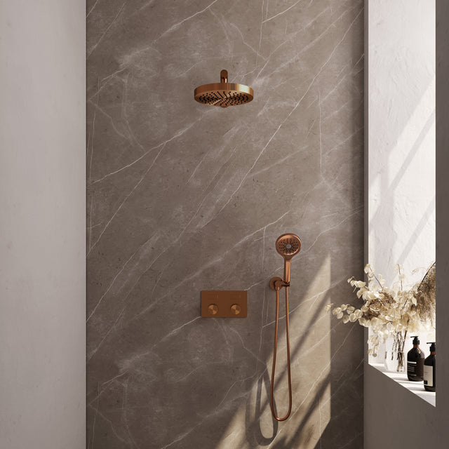 BRAUER Stripe thermostatische inbouw regendouche met drukknoppen SET 28 met 25 cm douchekop en rechte muurarm en 3-standen handdouche en doucheslang en wandaansluitbocht koper geborsteld PVD 5-GK-419