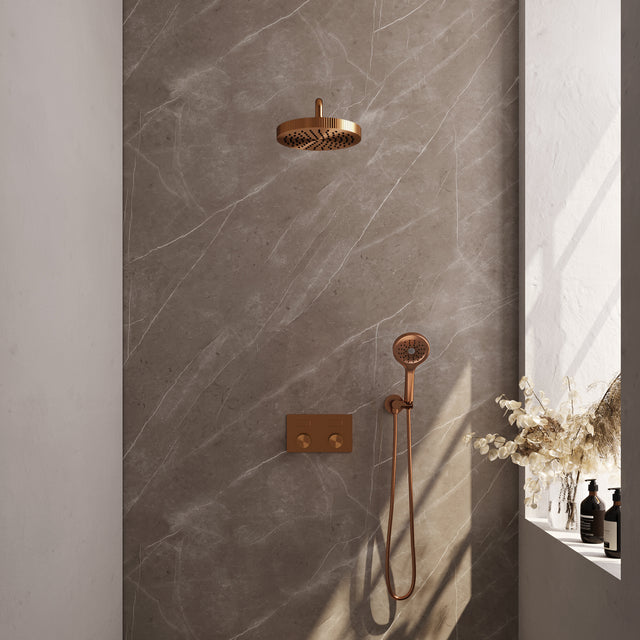 BRAUER Stripe thermostatische inbouw regendouche met drukknoppen SET 29 met 25 cm douchekop en gebogen muurarm en 3-standen handdouche en doucheslang en wandaansluitbocht koper geborsteld PVD 5-GK-421