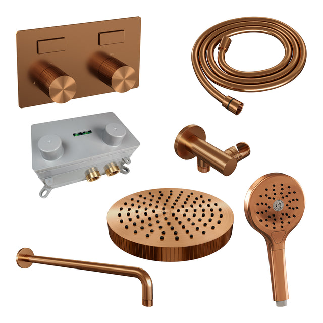 BRAUER Stripe thermostatische inbouw regendouche met drukknoppen SET 29 met 25 cm douchekop en gebogen muurarm en 3-standen handdouche en doucheslang en wandaansluitbocht koper geborsteld PVD 5-GK-421
