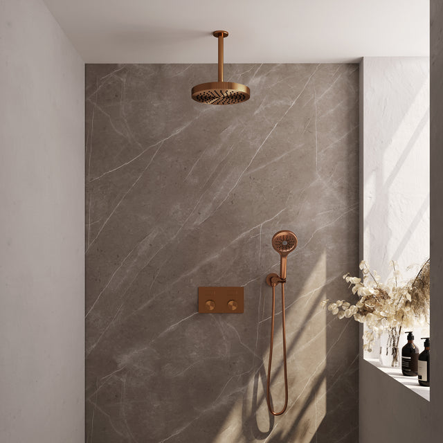 BRAUER Stripe thermostatische inbouw regendouche met drukknoppen SET 30 met 25 cm douchekop en plafondarm en 3-standen handdouche en doucheslang en wandaansluitbocht koper geborsteld PVD 5-GK-423