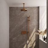 BRAUER Stripe thermostatische inbouw regendouche met drukknoppen SET 33 met 25 cm douchekop en plafondarm en staaf handdouche en doucheslang en geïntegreerde glijstang koper geborsteld PVD 5-GK-429