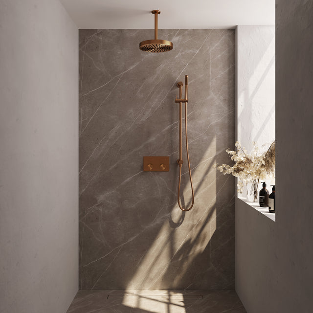 BRAUER Stripe thermostatische inbouw regendouche met drukknoppen SET 33 met 25 cm douchekop en plafondarm en staaf handdouche en doucheslang en geïntegreerde glijstang koper geborsteld PVD 5-GK-429
