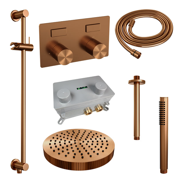 BRAUER Stripe thermostatische inbouw regendouche met drukknoppen SET 33 met 25 cm douchekop en plafondarm en staaf handdouche en doucheslang en geïntegreerde glijstang koper geborsteld PVD 5-GK-429