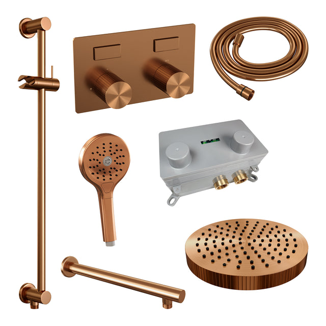 BRAUER Stripe thermostatische inbouw regendouche met drukknoppen SET 34 met 25 cm douchekop en rechte muurarm en 3-standen handdouche en doucheslang en geïntegreerde glijstang koper geborsteld PVD 5-GK-431