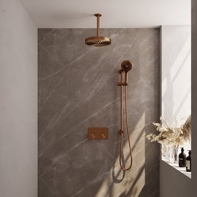 BRAUER Stripe thermostatische inbouw regendouche met drukknoppen SET 36 met 25 cm douchekop en plafondarm en 3-standen handdouche en doucheslang en geïntegreerde glijstang koper geborsteld PVD 5-GK-435