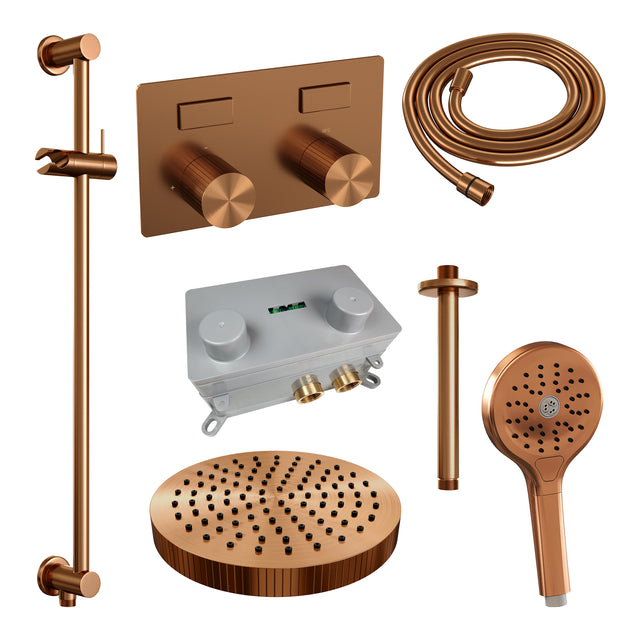 BRAUER Stripe thermostatische inbouw regendouche met drukknoppen SET 36 met 25 cm douchekop en plafondarm en 3-standen handdouche en doucheslang en geïntegreerde glijstang koper geborsteld PVD 5-GK-435