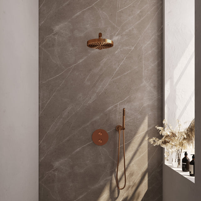 BRAUER Stripe thermostatische inbouw regendouche 3-weg rond SET 37 met 25 cm douchekop en rechte muurarm en staaf handdouche en doucheslang en wandaansluitbocht koper geborsteld PVD 5-GK-437