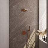 BRAUER Stripe thermostatische inbouw regendouche 3-weg rond SET 38 met 25 cm douchekop en gebogen muurarm en staaf handdouche en doucheslang en wandaansluitbocht koper geborsteld PVD 5-GK-439
