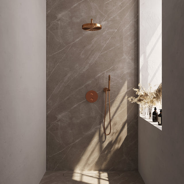 BRAUER Stripe thermostatische inbouw regendouche 3-weg rond SET 38 met 25 cm douchekop en gebogen muurarm en staaf handdouche en doucheslang en wandaansluitbocht koper geborsteld PVD 5-GK-439
