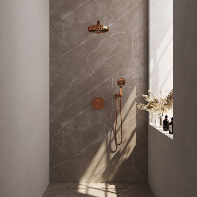 BRAUER Stripe thermostatische inbouw regendouche 3-weg rond SET 40 met 25 cm douchekop en rechte muurarm en 3-standen handdouche en doucheslang en wandaansluitbocht koper geborsteld PVD 5-GK-443
