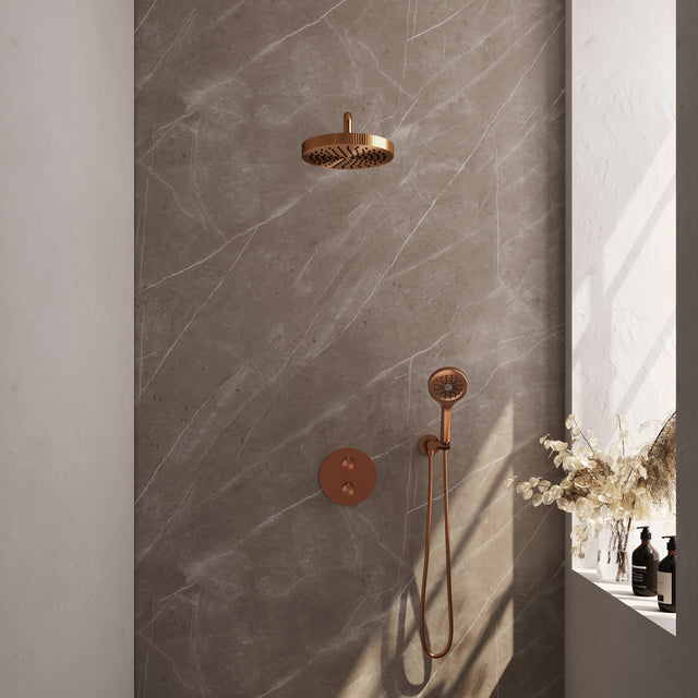 BRAUER Stripe thermostatische inbouw regendouche 3-weg rond SET 41 met 25 cm douchekop en gebogen muurarm en 3-standen handdouche en doucheslang en wandaansluitbocht koper geborsteld PVD 5-GK-445