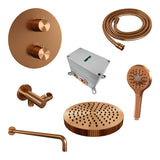 BRAUER Stripe thermostatische inbouw regendouche 3-weg rond SET 41 met 25 cm douchekop en gebogen muurarm en 3-standen handdouche en doucheslang en wandaansluitbocht koper geborsteld PVD 5-GK-445