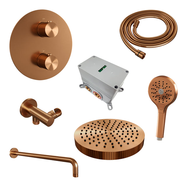 BRAUER Stripe thermostatische inbouw regendouche 3-weg rond SET 41 met 25 cm douchekop en gebogen muurarm en 3-standen handdouche en doucheslang en wandaansluitbocht koper geborsteld PVD 5-GK-445